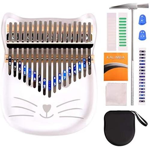 Kalimba 17 Keys with EVA Bag, ActFun Crystal Thumb Piano with Study Instruction Tuning Hammer, Transparent Acrylic Mbira Finger Piano Musical Instrument Gift for Kids Adult Beginners (Cat)