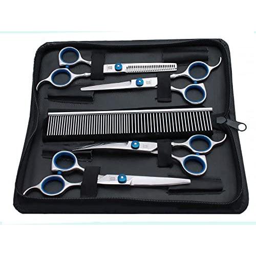 Bcheery Professional 5-Piece Pet Scissor Set w/Storage Case | Pet Grooming Scissors Kit For Dog & Cat Hair Trimming & Thinning | Straight-Edge Shears & Pet Grooming Comb Included