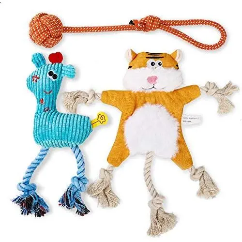 Toozey Small Dog Toys for Puppies with 3 Pack, Stuffless Crinkle Puppy Toys, Plush Puppy Teething Toys, and Natural Cotton Rope Toys for Small Dogs and Puppies, Healthy and Durable