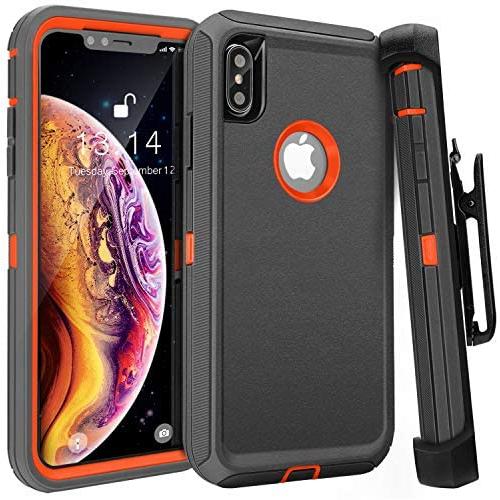 FOGEEK Case for iPhone Xs Max, Belt Clip Holster Heavy Duty Kickstand Cover [Support Wireless Charging] [Dust-Proof] [Shockproof] Compatible for Apple iPhone Xs Max [6.5 Inch] (Dark Grey/Orange)