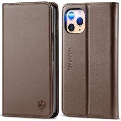 SHIELDON iPhone 11 Pro Max Case, Genuine Leather Auto Sleep Wake Wallet Case RFID Blocking Card Slots Magnetic Kickstand TPU Shockproof Case Compatible with iPhone 11 Pro Max (6.5 Inch) - Coffee Brown