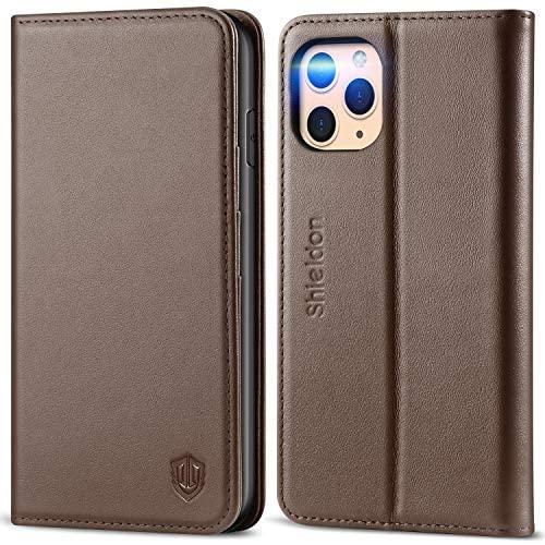 SHIELDON iPhone 11 Pro Max Case, Genuine Leather Auto Sleep Wake Wallet Case RFID Blocking Card Slots Magnetic Kickstand TPU Shockproof Case Compatible with iPhone 11 Pro Max (6.5 Inch) - Coffee Brown