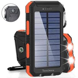 Solar Charger Solar Power Bank 20000mAh Waterproof Portable External Backup Outdoor Cell Phone Battery Charger with Dual LED Flashlights Solar Panel Compatible with All Smartphone (Black&Orange)