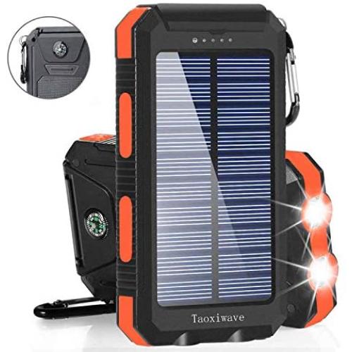 Solar Charger Solar Power Bank 20000mAh Waterproof Portable External Backup Outdoor Cell Phone Battery Charger with Dual LED Flashlights Solar Panel Compatible with All Smartphone (Black&Orange)