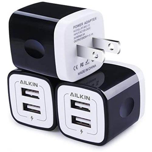 USB Wall Charger, Charger Adapter, Ailkin 3-Pack 2.1Amp Dual Port Quick Charger Plug Cube Replacement for Phone X/7/6S/6S Plus/6 Plus/6/5S, Samsung Galaxy S7/S6/S5 Edge, LG, HTC, Huawei, Moto, Kindle
