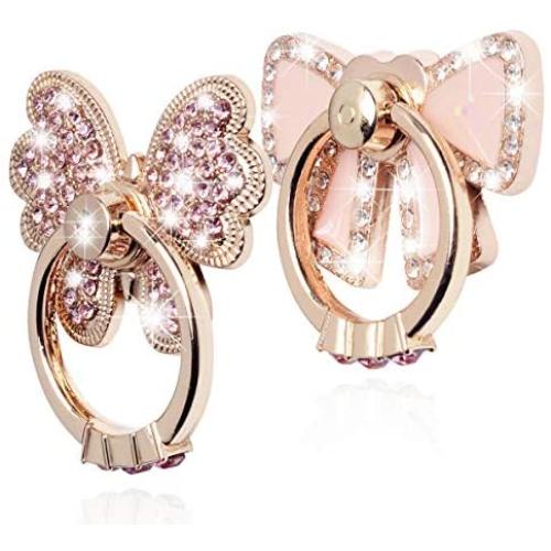 Finger Ring Stand,WATACHE 2 Pack Luxury Glitter Diamond Universal Metal Finger Ring Grip Holder Kickstand for iPhone Xs Max Xr X 8 7 6 6s Plus 5s,Galaxy S10 Plus S8 S7 S6 Note,All Smartphone,Pink/Bow