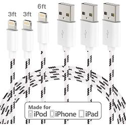 TT-WISH Cable 2 Packs 3FT +1 Pack 6FT Nylon Braided USB Charger Cable Compatible with iPhone 11 /xs MAX/XR/X /8/7 /6S /6 Plus/iPad 2/4 Mini iPad Pro Air and More Black & White