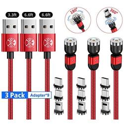 Magnetic Charging Cable (3ft+6ft+6ft,3 x Cable,9 x Tpis) 3 in 1 Magnet USB Cable 360°+180° Rotating Charging Cable Nylon Braided Cord Compatible with Micro USB,Type C/USB C,i -OS Smartphone Devices