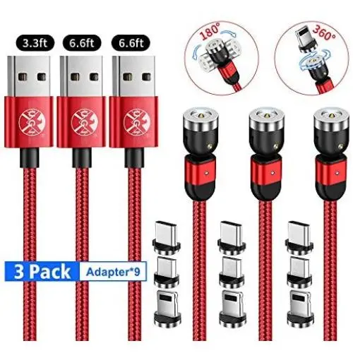 Magnetic Charging Cable (3ft+6ft+6ft,3 x Cable,9 x Tpis) 3 in 1 Magnet USB Cable 360°+180° Rotating Charging Cable Nylon Braided Cord Compatible with Micro USB,Type C/USB C,i -OS Smartphone Devices