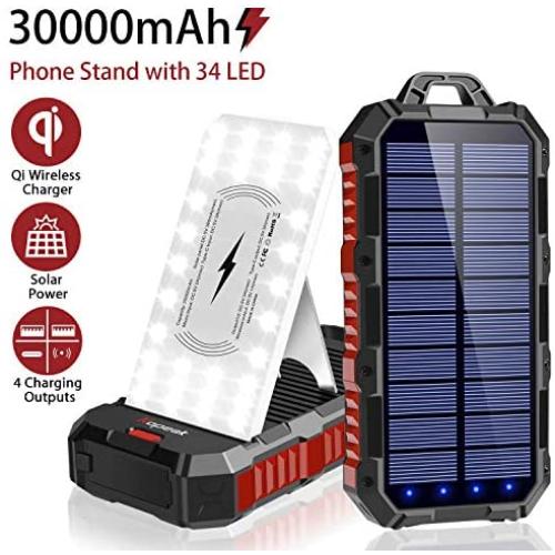 Solar Power Bank 30000mAh, Qi Wireless Portable Solar Charger with Phone Holder, 4 Outputs 5V/3A & Dual inputs, Huge Capacity Phone Charger for Cell Phones, 34 LED Flashlights for Outdoor