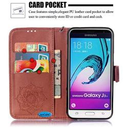 Galaxy J3 (2016) Case, Galaxy Amp Prime Case, Galaxy Express Prime Case, Galaxy Sol Case, JanCalm [Wrist Strap] Premium PU Leather [Multi Card/Cash Slots] Stand Flip Cover with Pen (Brown)