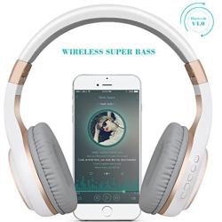 Bluetooth Headphones, Riwbox XBT-80 Folding Stereo Wireless Bluetooth Headphones Over Ear with Microphone and Volume Control, Wireless and Wired Headset for PC/Cell Phones/TV/ipad (White Gold)