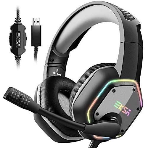 EKSA Gaming Headset with 7.1 Surround Sound Stereo, PS4 USB Headphones with Noise Canceling Mic & RGB Light, Compatible with PC, PS4 Console, Laptop (Gray)