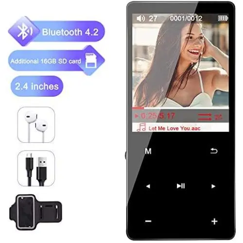 32GB MP3 Player,Aomago MP3 Player with Bluetooth 4.2, Music Player with HiFi Lossless Sound,55 Hours Playtime,FM Radio,Recording, 2.4&quot Screen, Support up to 128GB(Earphone,Sport Armband Included)