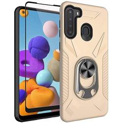 Oleaders for Galaxy A21 Case with Tempered Glass Screen Protector, Rotatable Metal Ring Holder Compatible with Magnetic Car Kickstand Case for Samsung Galaxy A21 - Gold