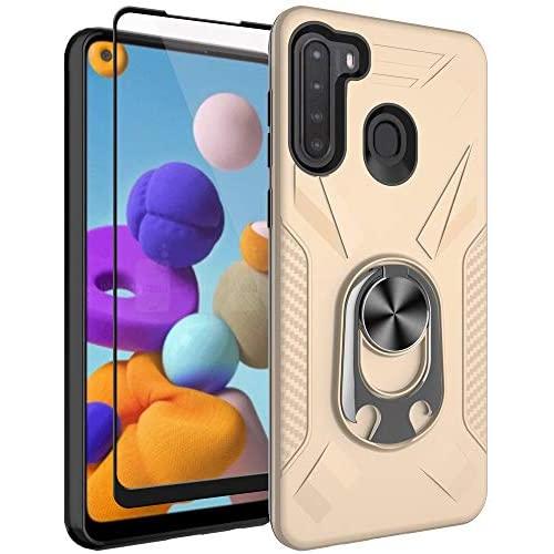 Oleaders for Galaxy A21 Case with Tempered Glass Screen Protector, Rotatable Metal Ring Holder Compatible with Magnetic Car Kickstand Case for Samsung Galaxy A21 - Gold