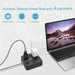 AHRISE Extension Cord, Power Strip with 3 AC Outlets and 4 USB Charging Ports(5V/4.8A, 24W) for Smartphone Tablets Home, Office, Hotel, Cruise Ship, 5 Ft, ETL Listed, Black…