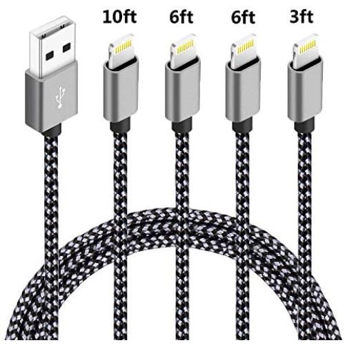 4 Pack (3ft,6ft,6ft,10ft) Nylon Braided Charging Cord Charger Compatible with PhoneX/8/8Plus 7/7 Plus/6s/6s Plus/6/6 Plus/5s/55se,Pad,Pod-Black+Grey