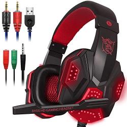 Gaming Headset with Mic and LED Light for Laptop Computer, Cellphone, PS4 and Son on, DLAND 3.5mm Wired Noise Isolation Gaming Headphones - Volume Control.(Black and Red)