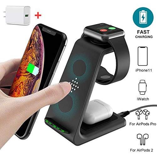 Wireless Charging Stand, GEEKERA 3 in 1 Wireless Charger Fast Charging Dock Station for Apple Watch 5 4 3 2 1, Airpods Pro, iPhone 11/11 Pro/X/Xr/Xs/8 Plus, and Qi-Certified Phones