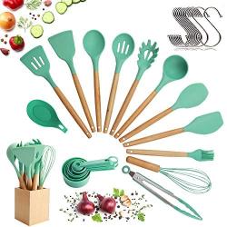 Utensils Set for Cooking with Silicone Head, Wood Handle and Wooden Container (23 Pieces + Bonus Hanging Hooks) - Kitchen Utensil Tools Set - Green