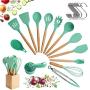 Utensils Set for Cooking with Silicone Head, Wood Handle and Wooden Container (23 Pieces + Bonus Hanging Hooks) - Kitchen Utensil Tools Set - Green