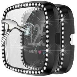 Landhoo Black Hard Case Compatible with Fitbit Versa 2 Screen Protector Bling, PC case That Have Clarity PMMA Screen Protector and Shiny Diamond Bumper Overall Protective Cover for Women Watch.