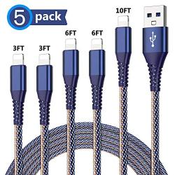 iPhone Charger, MFi Certified Lightning Cable 5 Pack (3/3/6/6/10FT) Charging USB Syncing Denim Braided Data Cable Compatible with iPhone 11/Pro/Xs Max/X/XS/XR/XS Max/8/Plus/7/7 Plus/6/6S/6 Plus