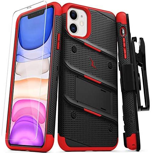 ZIZO Bolt Series iPhone 11 Case - Heavy-Duty Military-Grade Drop Protection w/Kickstand Included Belt Clip Holster Tempered Glass Lanyard - Black/Red