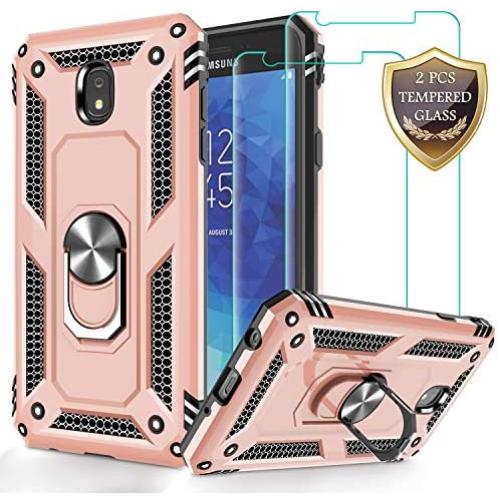 Jshru Galaxy J7 2018/J7 Aero/J7 Top/J7 Crown/J7 Aura/J7 Refine/J7 Eon Case with Tempered Glass Screen Protector [2Pack], Ring Car Mount Kickstand Phone Case for Samsung J7 Star Rose Gold