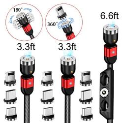 Magnetic Charging Cable, AMZLIFE 3 in 1 360°& 180°Rotation Magnetic Phone USB Cable Compatible with Mirco USB, Type C Smartphone and iProduct Device(2 Pack 3.3 ft, 1 Pack 6.6 ft)