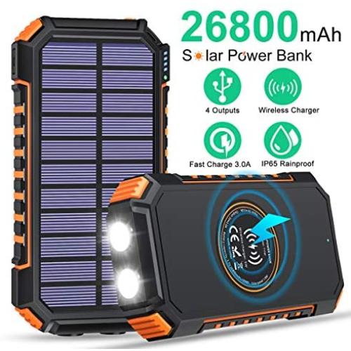 Solar Charger 26800mAh High Capacity, ADDTOP Wireless Portable Charger USB C Power Bank with 4 Outputs, Fast Charging Phone Charger for iPhone Samsung iPad and Outdoor Waterproof Camping/Hiking
