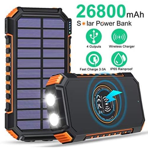 Solar Charger 26800mAh High Capacity, ADDTOP Wireless Portable Charger USB C Power Bank with 4 Outputs, Fast Charging Phone Charger for iPhone Samsung iPad and Outdoor Waterproof Camping/Hiking