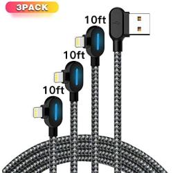 iPhone Charger Cable 10FT, Lightning Cable 3Pack 90 Degree with Blue LED Light Braid Charging USB Cable Compatible with iPhone 11/ Pro/Max/X/XS/XR/XS Max/ 8/ Plus/7/7 Plus/6/6S/6 Plus (Black Gray)