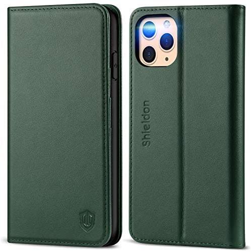 SHIELDON iPhone 11 Pro Max Case, Genuine Leather Wallet Auto Sleep Wake Case Folio Stand RFID Blocking Credit Card Slot Magnetic Protective Cover Compatible with iPhone 11 Pro Max - Midnight Green