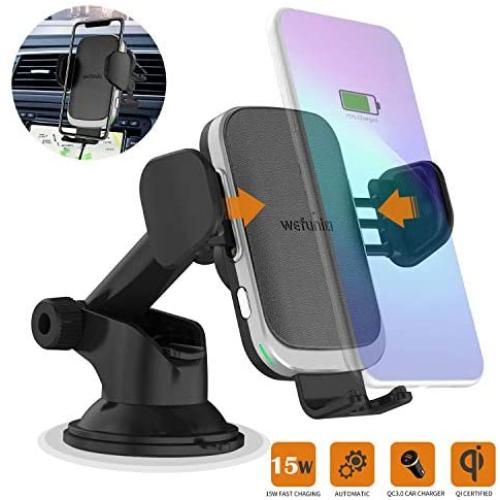 15W Auto Wireless Car Charger Phone Holder Upgraded 2020 Version, Fast Qi Automatic Clamping Charging Mount Dock Compatible for iPhone 11/11 Pro Max/XR/Xs/8, Samsung S20 Ultra S10 S9+ Note 10-Wefunix