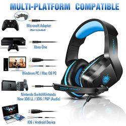 Xbox One Gaming Headset, PHOINIKAS H1 Wired Gaming Headset for PS4, PC, Laptop, Mac, iPad, Nintendo Switch Games, Over Ear Headphone with Microphone, Bass 5.1 Surround, LED Light, Gift for Kids (Blue)