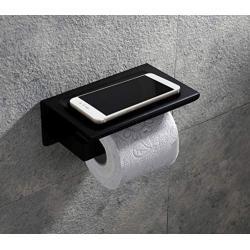 OKF Toilet Paper Holder with Phone Shelf, Toilet Roll Holder, Wall Mounted Bathroom Tissue Holder, Stainless Steel Tissue Roll Dispenser Storage, Black