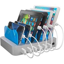 Hercules Tuff Charging Station for Multiple Devices (Silver) - 6 Short Mixed Cables Included for Cell Phones, Smart Phones, Tablets, and Other Electronics - Multi Charger Organizer Docking Station