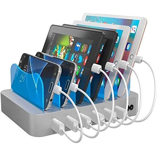 Hercules Tuff Charging Station for Multiple Devices (Silver) - 6 Short Mixed Cables Included for Cell Phones, Smart Phones, Tablets, and Other Electronics - Multi Charger Organizer Docking Station