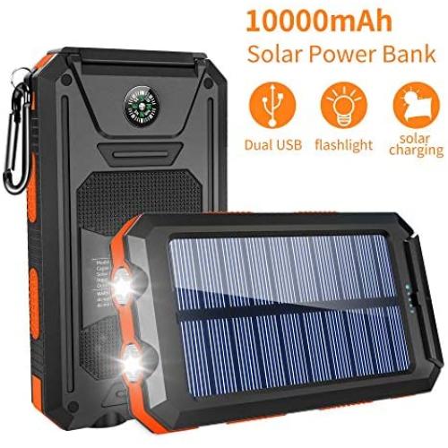 GRDE Solar Charger,10000mAh Solar Power Bank Portable External Backup Battery Pack Dual USB Solar Phone Charger with 2LED Light Carabiner and Compass for iPhone Series, Smartphones(Orange)