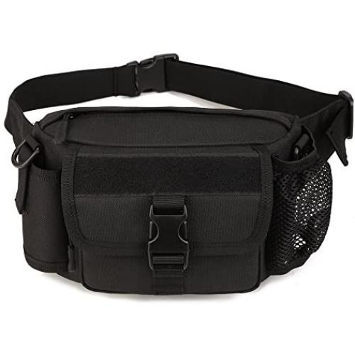 WOTOW Multi Functional Waist Pack, Military Single Shoulder Hip Belt Bag Fanny Packs Water Resistant Waist Bag Pouch Hiking Climbing Outdoor Bumbag with Water Bottle Pocket Holder (Black)