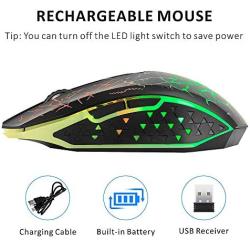 Q8 Wireless Gaming Computer Mouse, 2.4GHz USB Optical Rechargeable Ergonomic LED Wireless Silent Mouse, 3 Adjustable DPI, 6 Buttons, Compatible with PC, Laptop, Notebook, Desktop (Black)