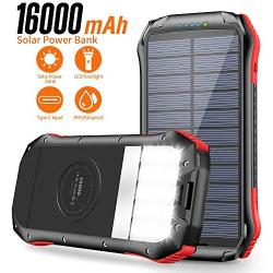 Solar Charger, Portable Charger 16000mAh, Solar Power Bank External Backup Battery USB Type-C Ports, Waterproof Solar Phone Charger Panel Charging for Smartphones, 15 LED Flashlights for Outdoor