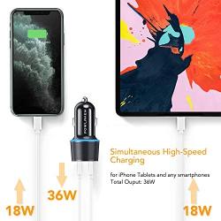 [2020 Latest] USB C PD Car Charger, POWLAKEN 36W 2-Port Fast PD Car Charger with Dual 18W Power Delivery for iPhone 11/11 Pro/11 Pro Max, Galaxy Phone and More (USB C to C & Lightning Cable Included)
