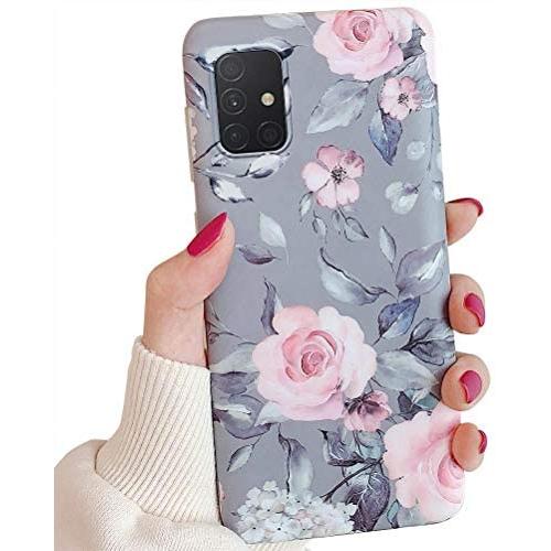 Samsung Galaxy A71 Phone Case for Women & Girls,YeLoveHaw Flexible Soft Slim Fit Full-around Protective Cute Case Cover with Floral Purple Gray Leaves Pattern for Samsung GalaxyA71 6.7(Pink Flowers)