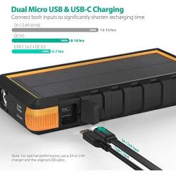 Solar Power Bank, 25000mAh RAVPower Solar Phone Charger with 3 USB Ports, External Battery Pack with Micro USB & USB C Inputs, Outdoor Portable Charger with Flashlight - Shock, Dust & Waterproof