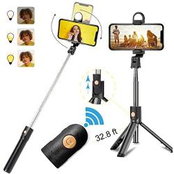 BACNUNN Selfie Sticks & Cell Phone Tripods Stand with Wireless Bluetooth Remote & Fill Light Mini Portable Extendable Selfie Stick for iPhone 11/XR/X/8/8Plus/7/7Plus/6s/6 Samsung Galaxy Android