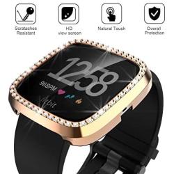 Landhoo Rose Gold Hard Case Compatible with Fitbit Versa 2 Screen Protector Bling, PC case That Have Clarity PMMA Screen Protector and Shiny Diamond Bumper Overall Protective Cover for Women Watch.