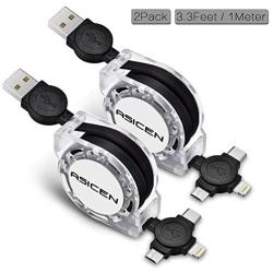 Micro USB Cable, ASICEN 2 Pack 3-in-1 Retractable Lightning to USB Cable Type C Sync Fast Charging Cord for iPhone, iPad Mini/Pro/Air, Samsung, Moto, Blackberry, Nokia, LG, Google, HTC (Black)